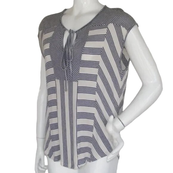 ELLA MOSS Top, L, Sleeveless, Stripes, Keyhole with ties, Rayon-linen blend - Picture 3 of 10